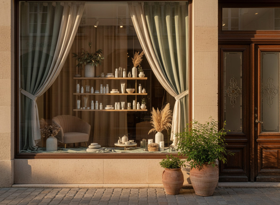 Entrée accueillante d un institut de beauté avec vitrine lumineuse