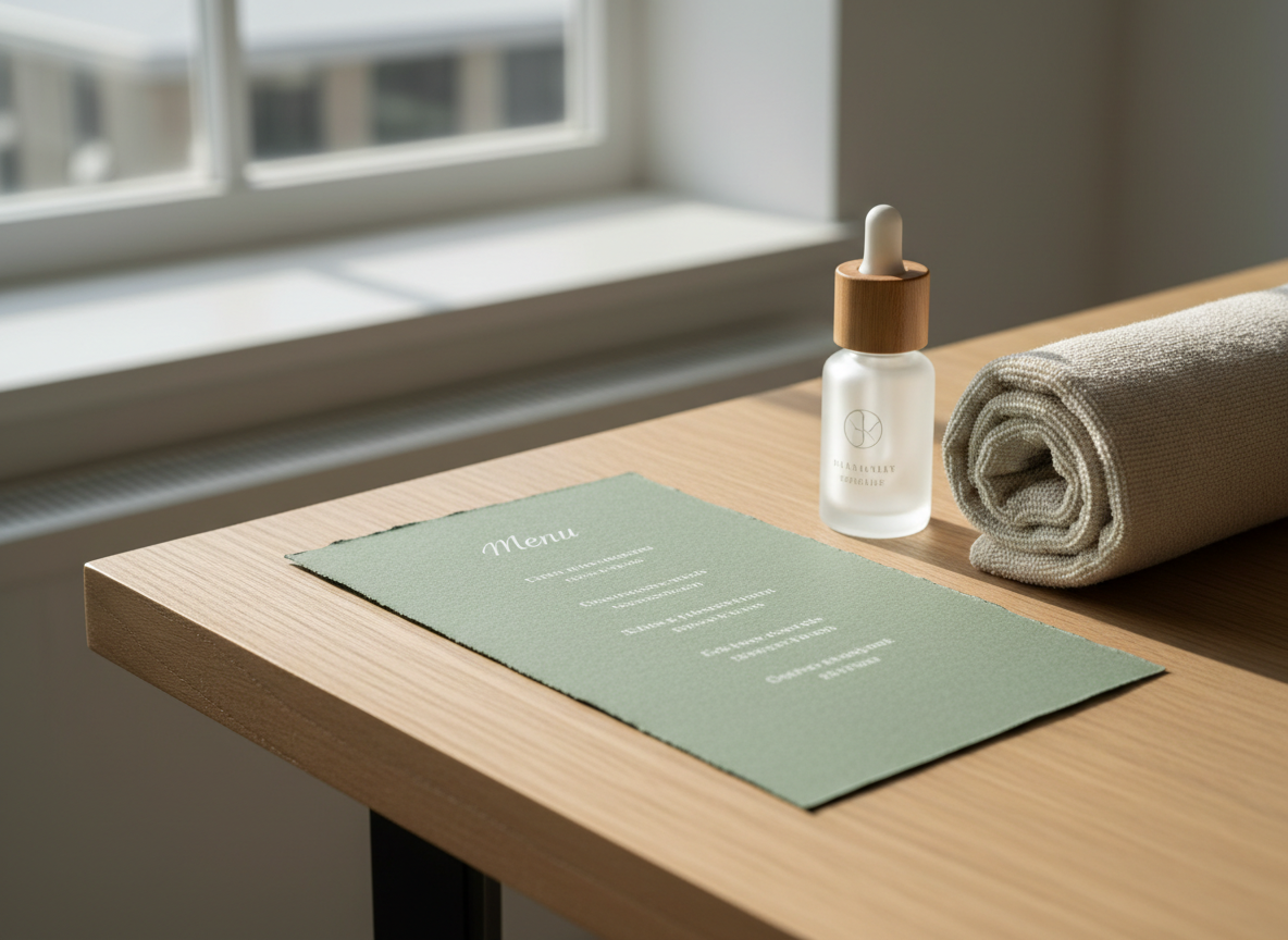Carte de soins moderne posée sur une table en bois dans un institut de beauté épuré