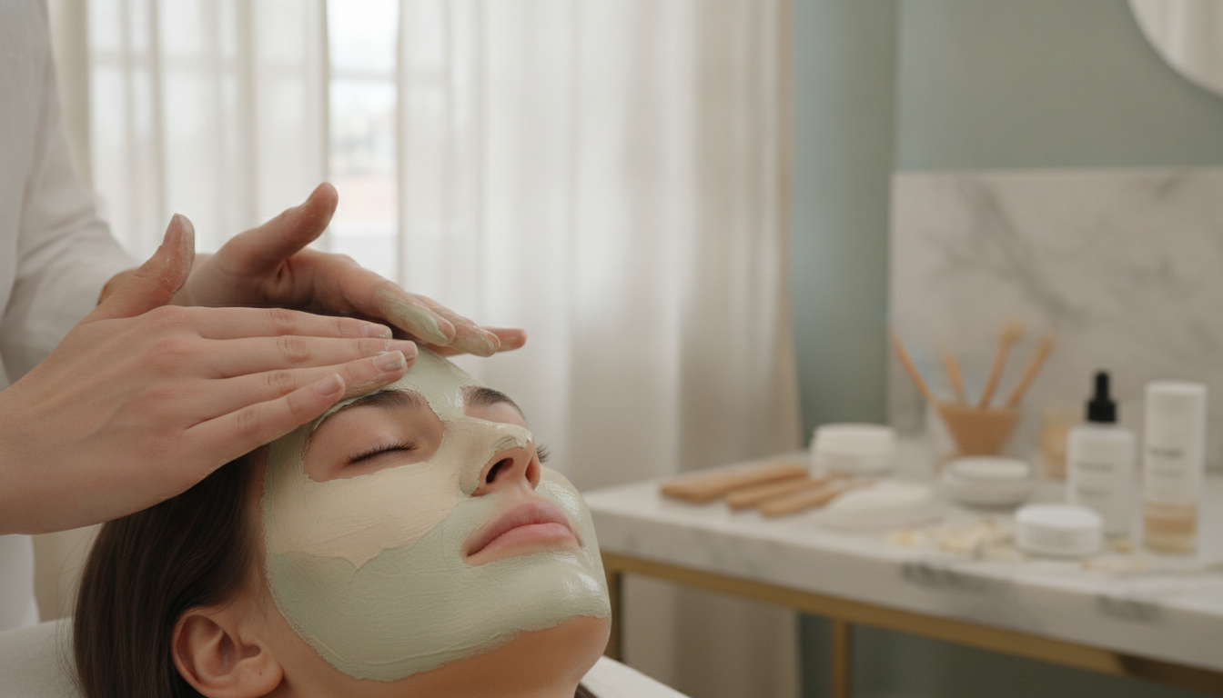 Gros plan sur les mains d une esthéticienne appliquant avec précision un masque sur le visage d une cliente. Lumière de studio douce, ambiance sereine et professionnelle.