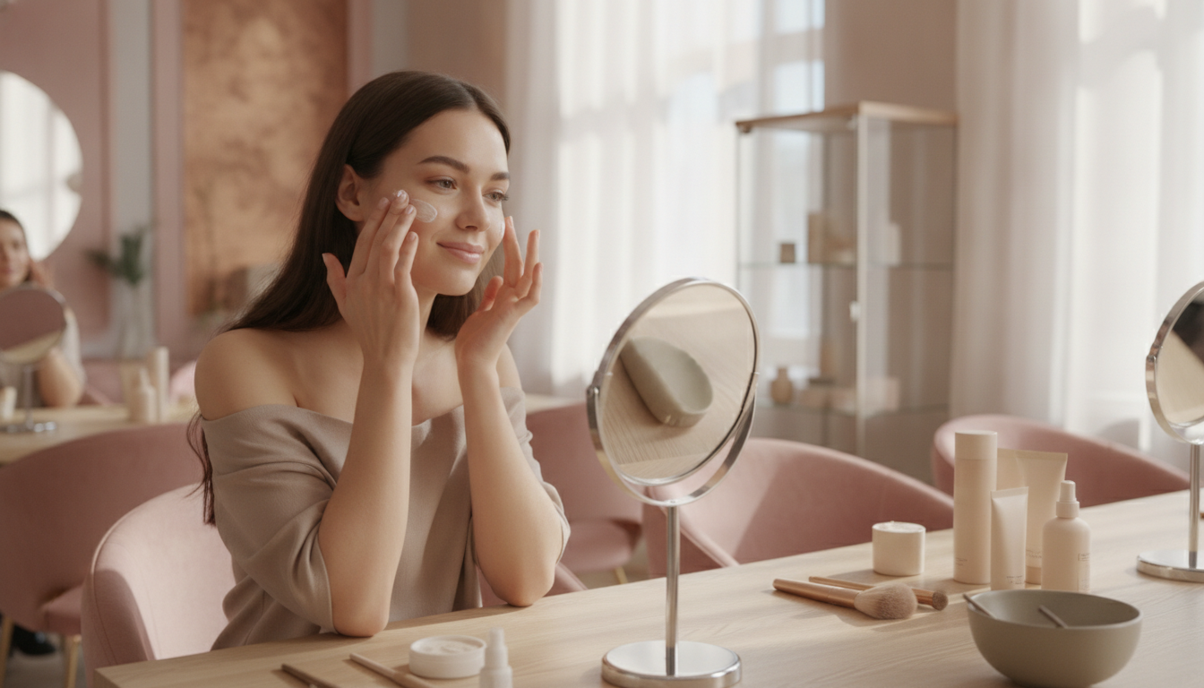 Une cliente applique une crème sur son visage en souriant pendant un atelier