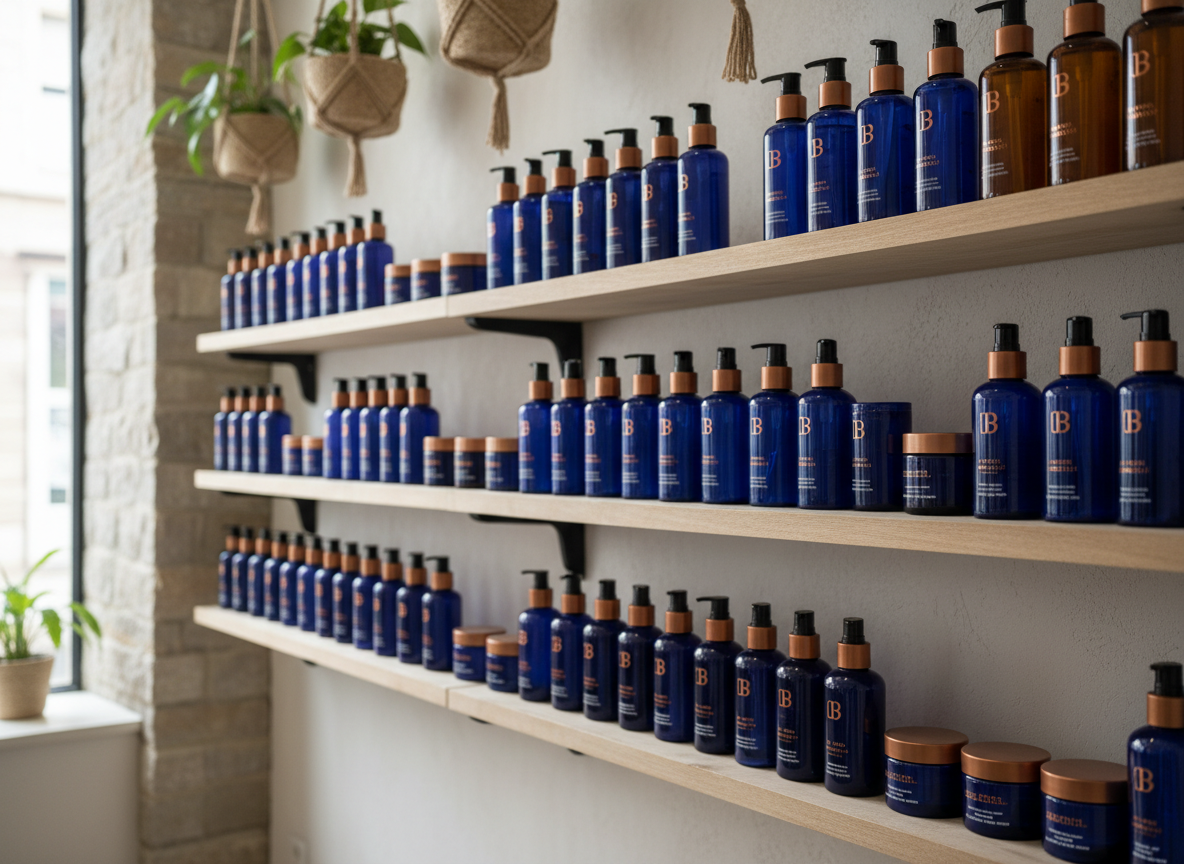 Rangement ordonné de produits de soin dans un institut de beauté, flacons et pots alignés sur des étagères en bois.