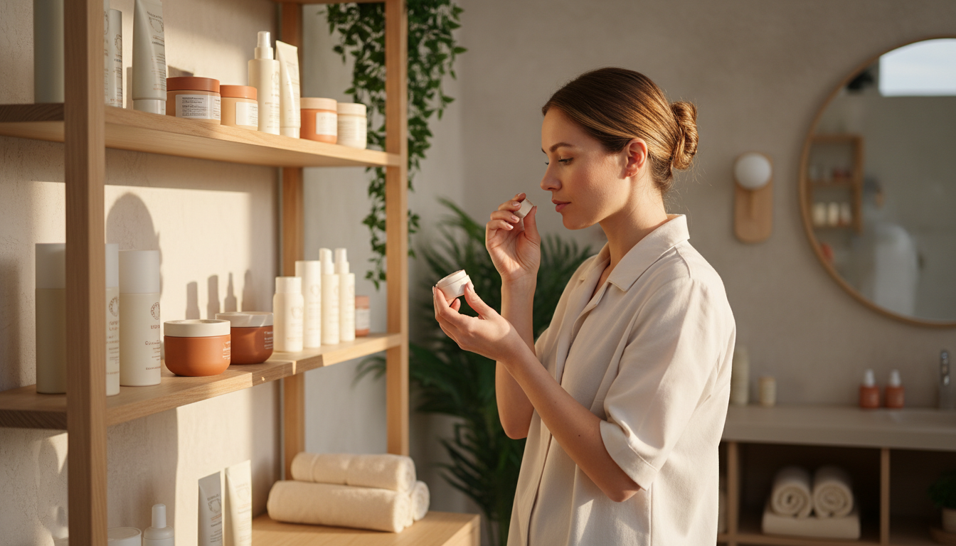 Une professionnelle de la beaute examine attentivement des echantillons de produits cosmetiques sur une etagere bien organisee de son institut, lumiere naturelle