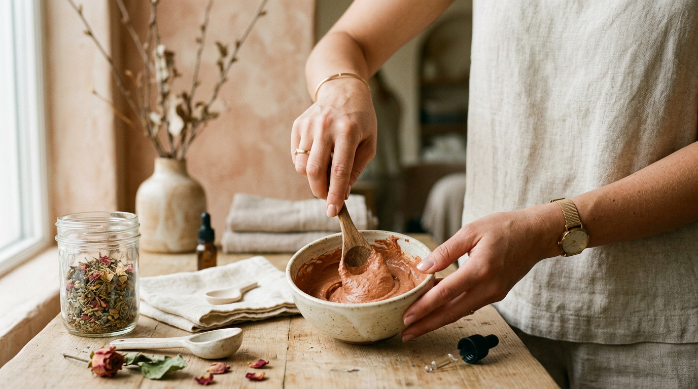 gros plan sur les mains d une estheticienne preparant un masque dans un bol en ceramique, lumiere douce et naturelle