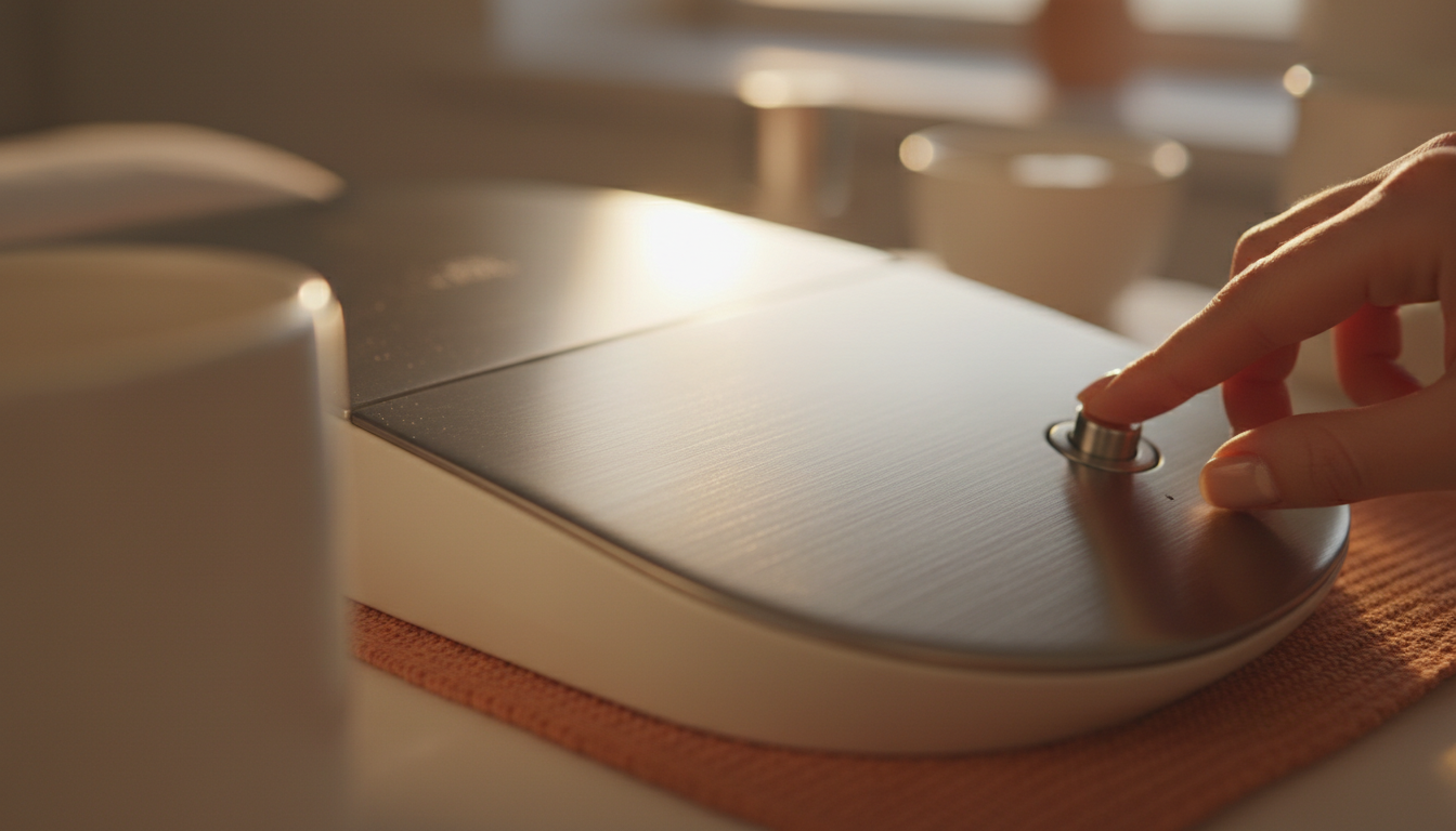Photographie macro dun detail de materiel de spa high tech, reflets lumineux sur une surface metallique brossee, ambiance epuree et minimaliste