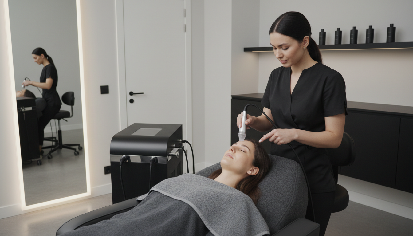 Une esthéticienne utilise un appareil d hydro-microdermabrasion doux sur la peau d une cliente