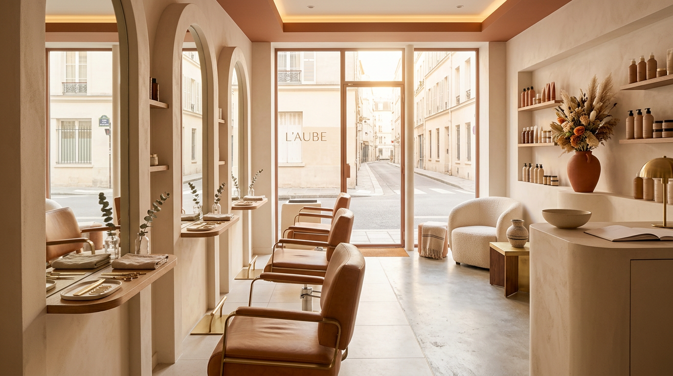 interieur d un salon de coiffure vide et elegant au lever du soleil, les fauteuils en cuir attendent les premiers clients, ambiance calme et ordonnee