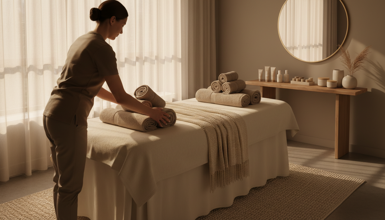 Une professionnelle de beauté qui prépare une table de massage avec des serviettes impeccablement pliées