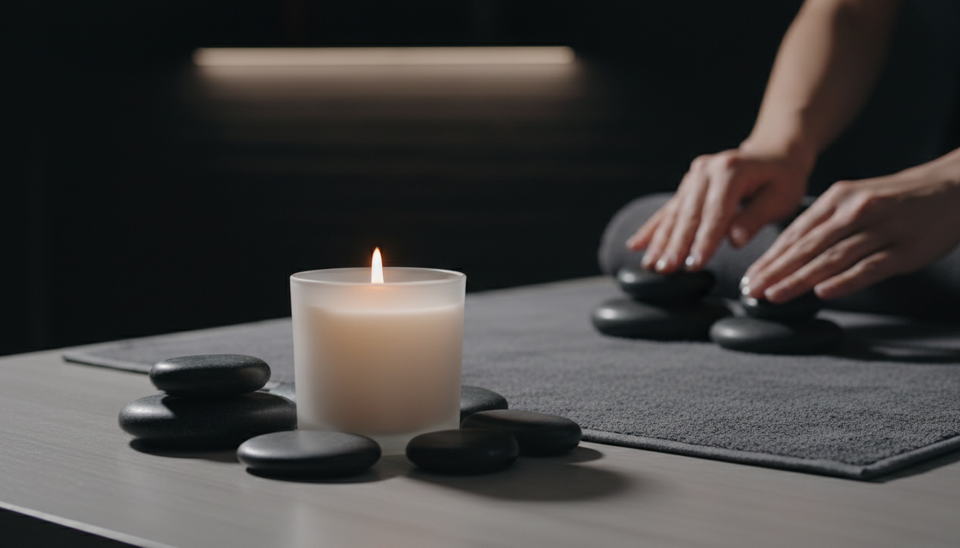 Détails d ambiance relaxante avec bougie et galets de massage en cabine de soin