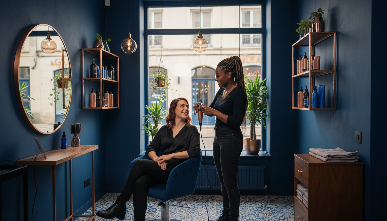 Deux femmes souriantes discutant dans un salon de coiffure moderne et lumineux