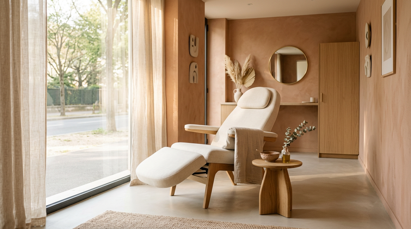 Intérieur d un cabinet esthétique minimaliste et vide, un fauteuil de soin attend, lumière du matin entrant par la fenêtre, palette crème et terracotta
