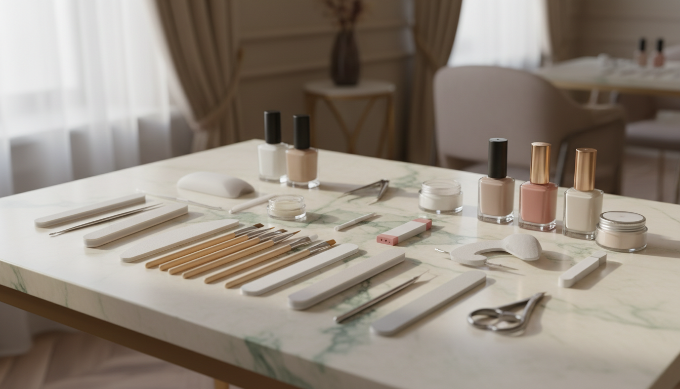 Flatlay élégant d outils de prothésiste ongulaire sur une surface en marbre. Pinceaux fins, limes, flacons de vernis aux couleurs neutres. Composition artistique, lumière naturelle.
