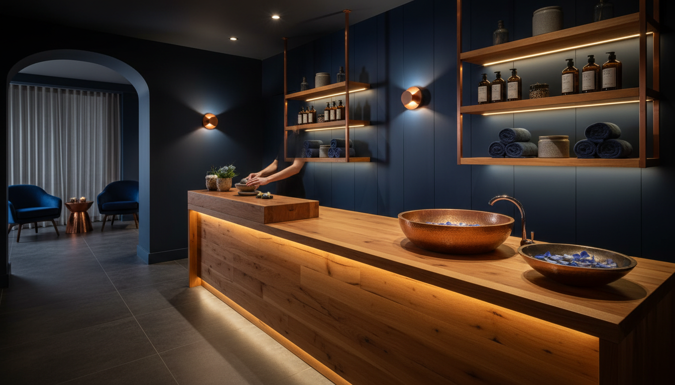 Vue d ensemble de l espace accueil chaleureux d un spa avec un comptoir en bois et des etageres murales