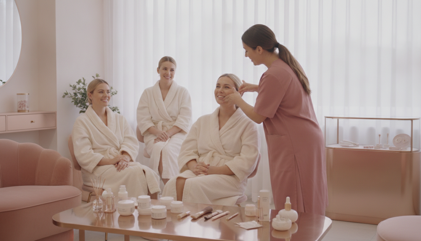 Une esthéticienne montre des gestes de soin du visage à un groupe de clientes souriantes