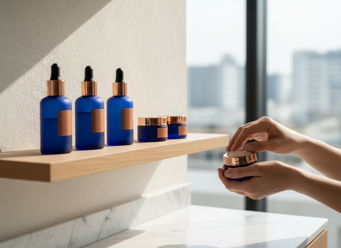 Etagere en bois clair presentant des produits de beaute de qualite dans un institut elegant