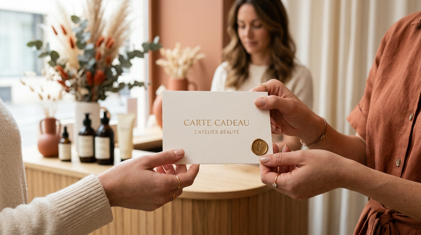 Gros plan sur les mains d une praticienne tendant une carte cadeau en papier texturé à une cliente, mise au point sur la carte, fond flou du cabinet