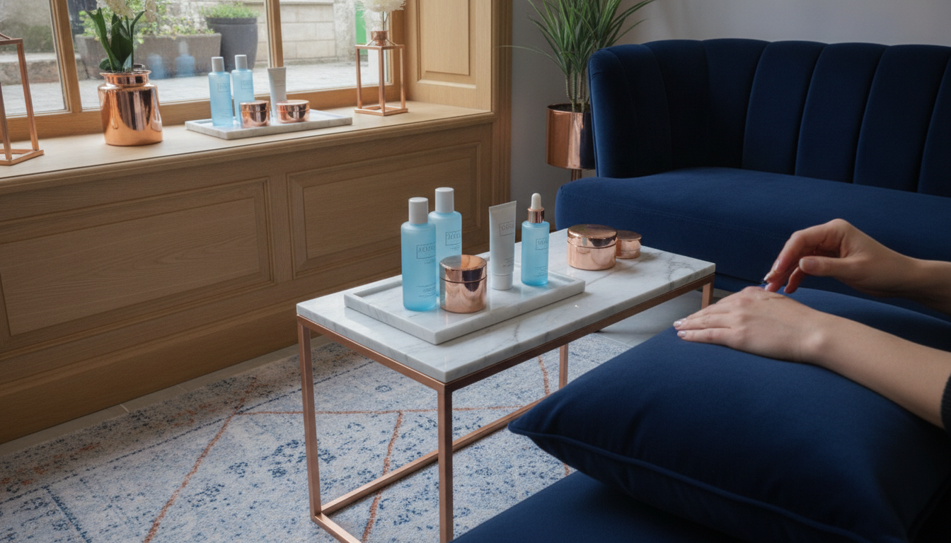 Interieur d un institut de beaute moderne avec une vitrine elegante en bois clair et des produits cosmetiques exposes sur des plateaux en marbre lumiere naturelle tombant d une fenetre