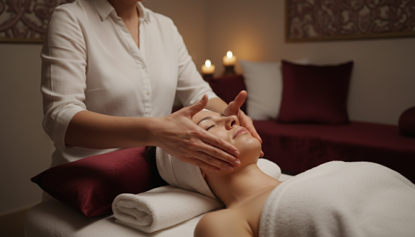 Mains de praticienne bien etre effectuant un massage du visage