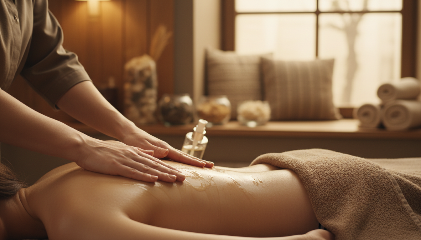 Détail de mains soignées appliquant de lhuile de massage sur le dos dune cliente dans un spa