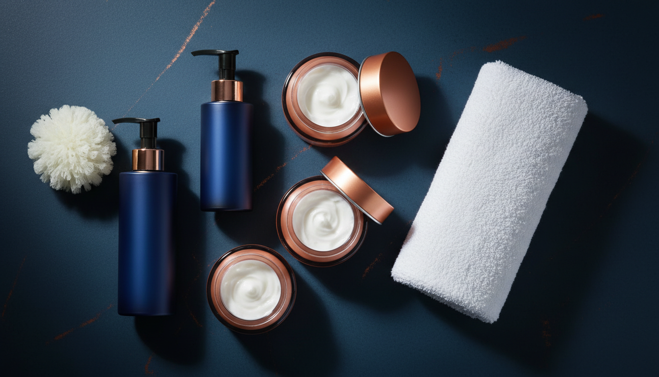 Vue de dessus d un plan de travail d estheticienne avec des produits de soin disposes en cercle, flacons pompe et pots en verre, lumiere studio eclairage doux