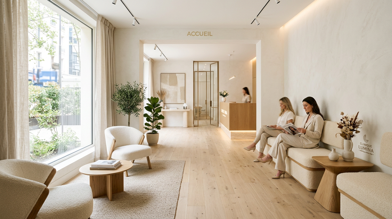 Intérieur d'une salle d'attente de cabinet esthétique, spacieuse et lumineuse, avec un chemin de circulation clair et des fauteuils design espacés.