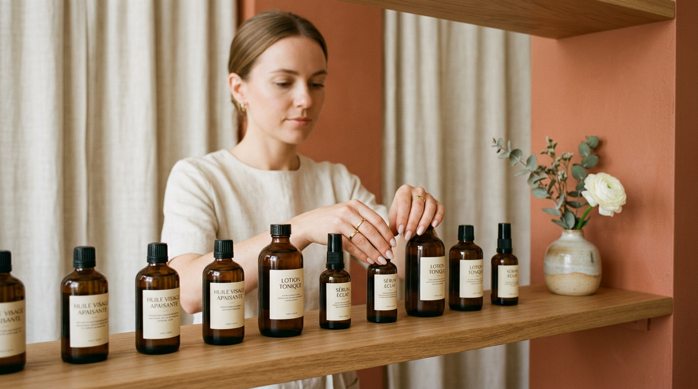 alignement de flacons de soin en verre ambre sur une etagere en bois, proprete et ordre, esthetique minimaliste et premium