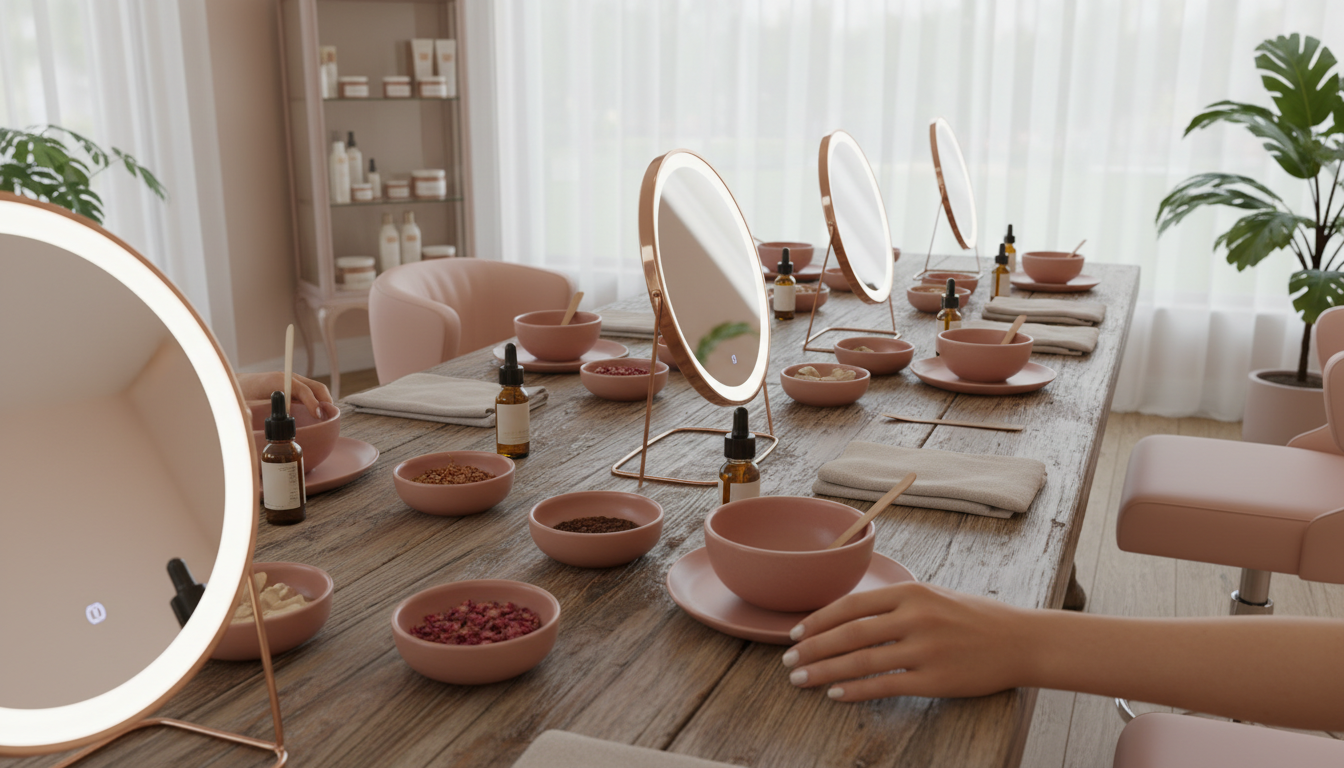 Une table d atelier de beauté préparée avec des miroirs individuels et des produits de soin