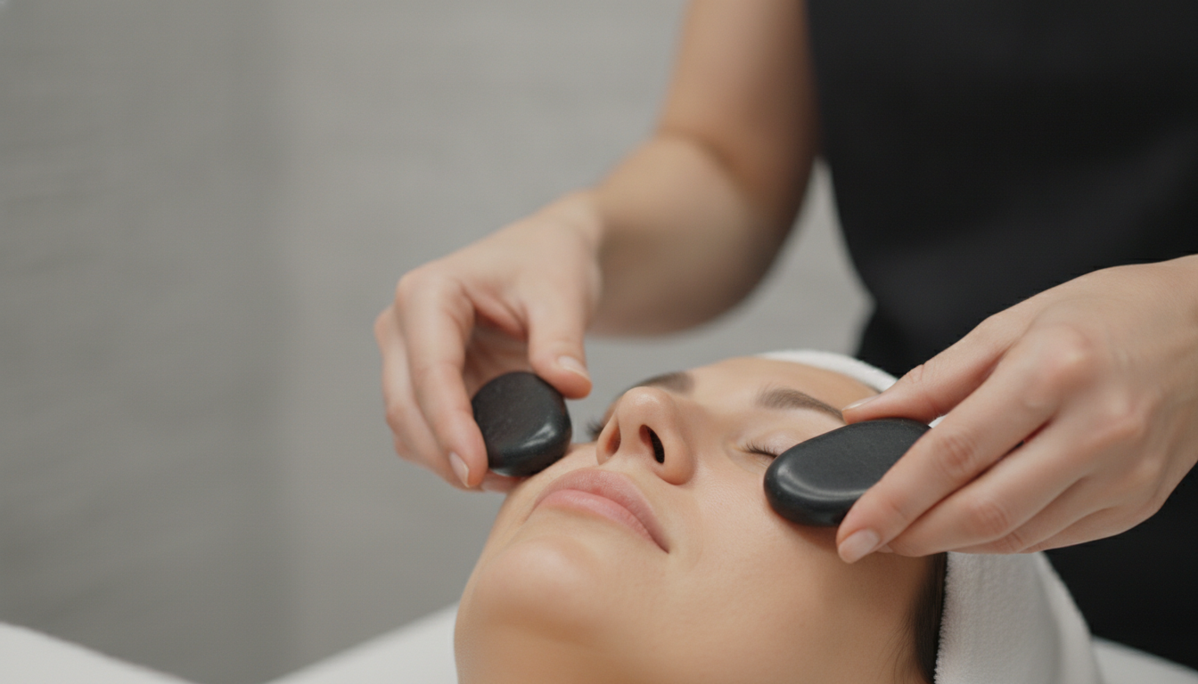 Geste technique de massage facialiste avec des outils en quartz rose