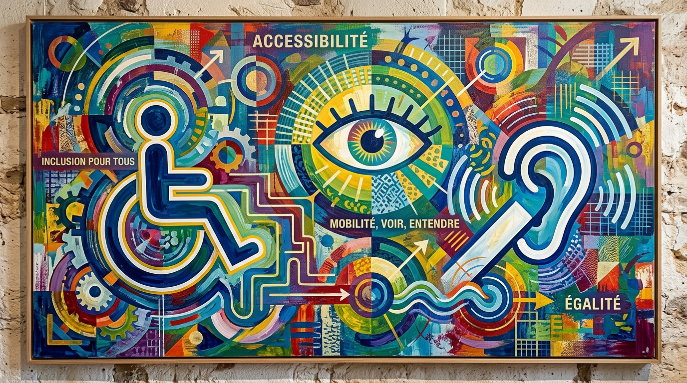 Concept d'accessibilité universelle avec des pictogrammes stylisés sur un fond crème texturé, évoquant les différents types de handicap.
