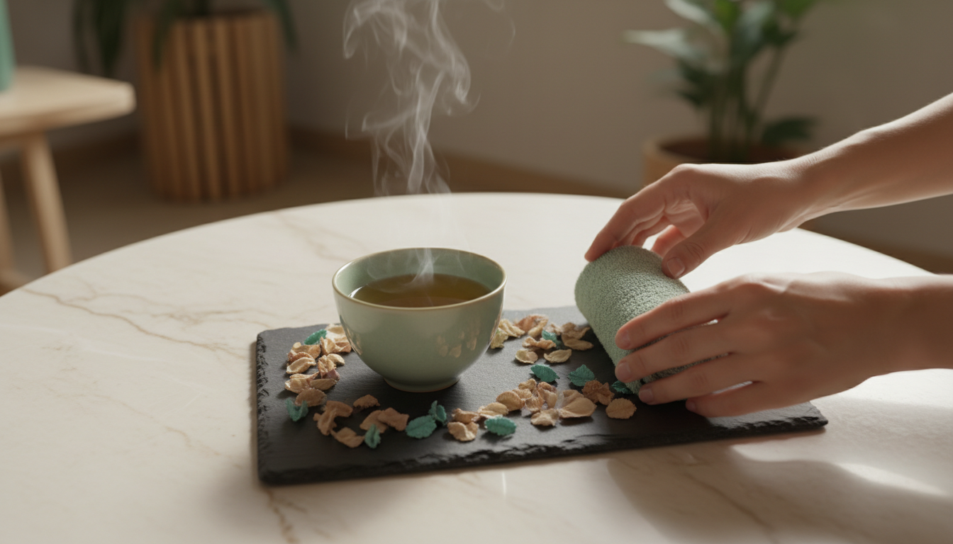 Vue de dessus d un plateau de bienvenue dans un spa. Une tasse de tisane fumante, une petite serviette chaude roulée et quelques pétales de fleurs séchées sur un plateau en ardoise.