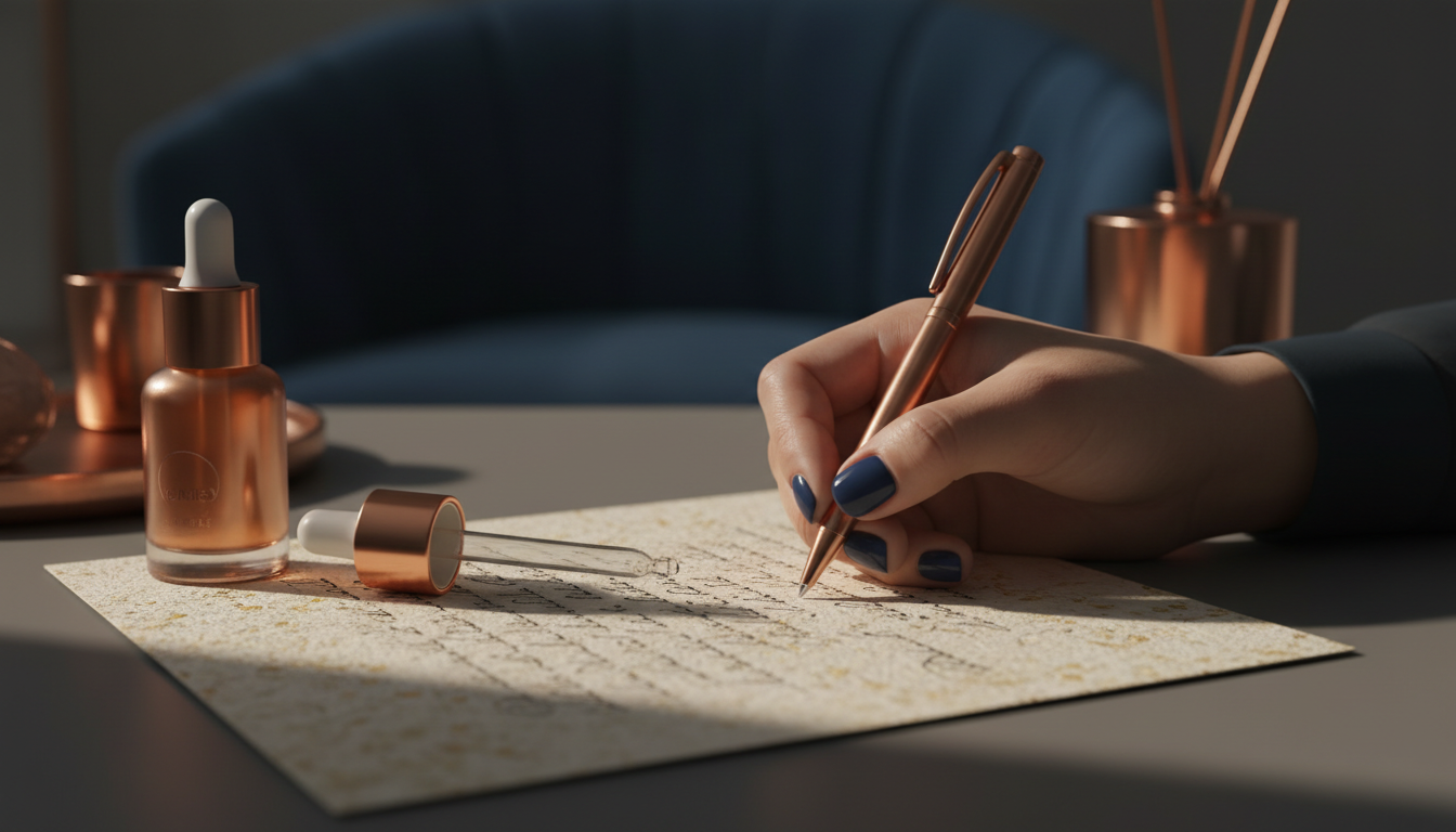 Main d une professionnelle de beaute ecrivant sur une fiche conseil en papier texture a cote d un flacon de serum