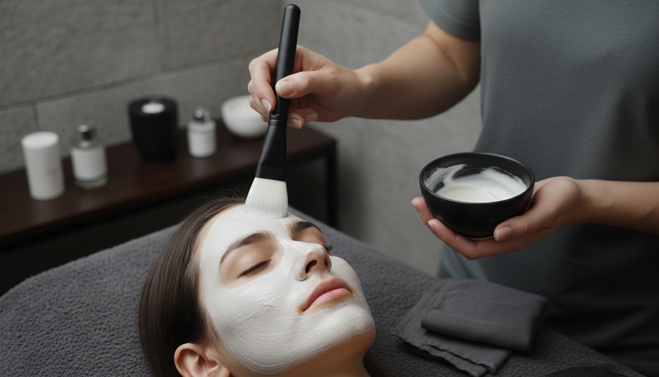 Application d un masque de soin crémeux sur le visage