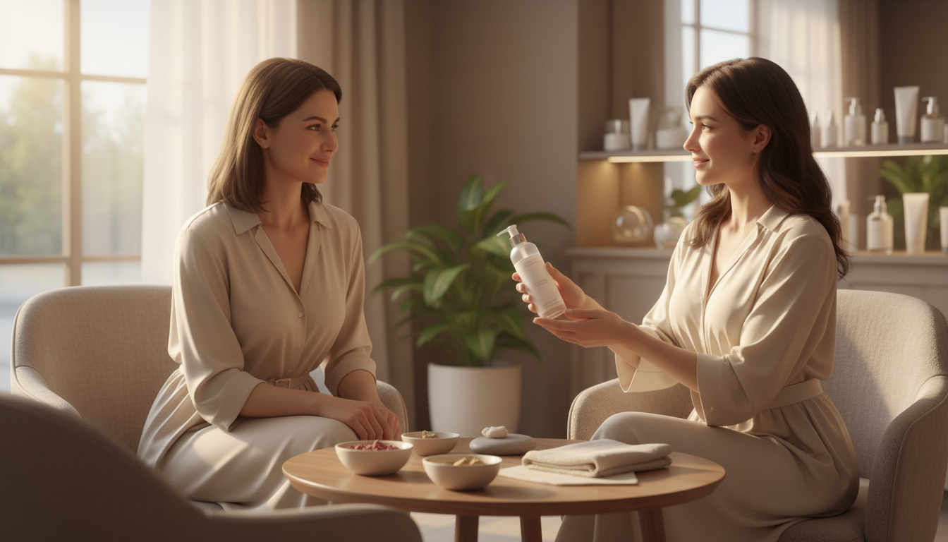 Une conseillère beauté présente un produit de soin à une cliente