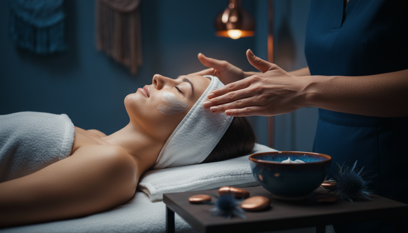 Plan rapproche de mains d estheticienne appliquant une creme sur le visage d une cliente allongee sur une table de soin ambiance spa tamisee lumiere chaude