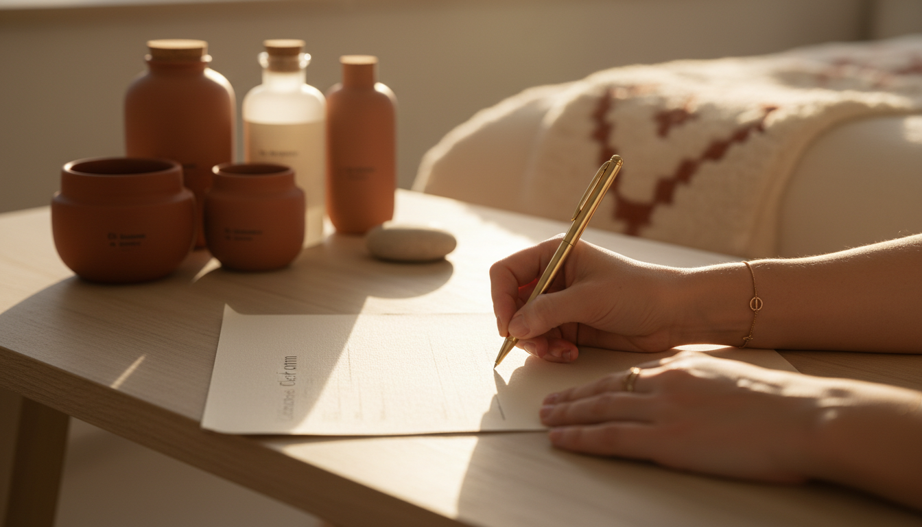 Gros plan sur les mains dune estheticienne ecrivant avec un stylo elegant sur une fiche client en papier epais, sur un bureau en bois clair
