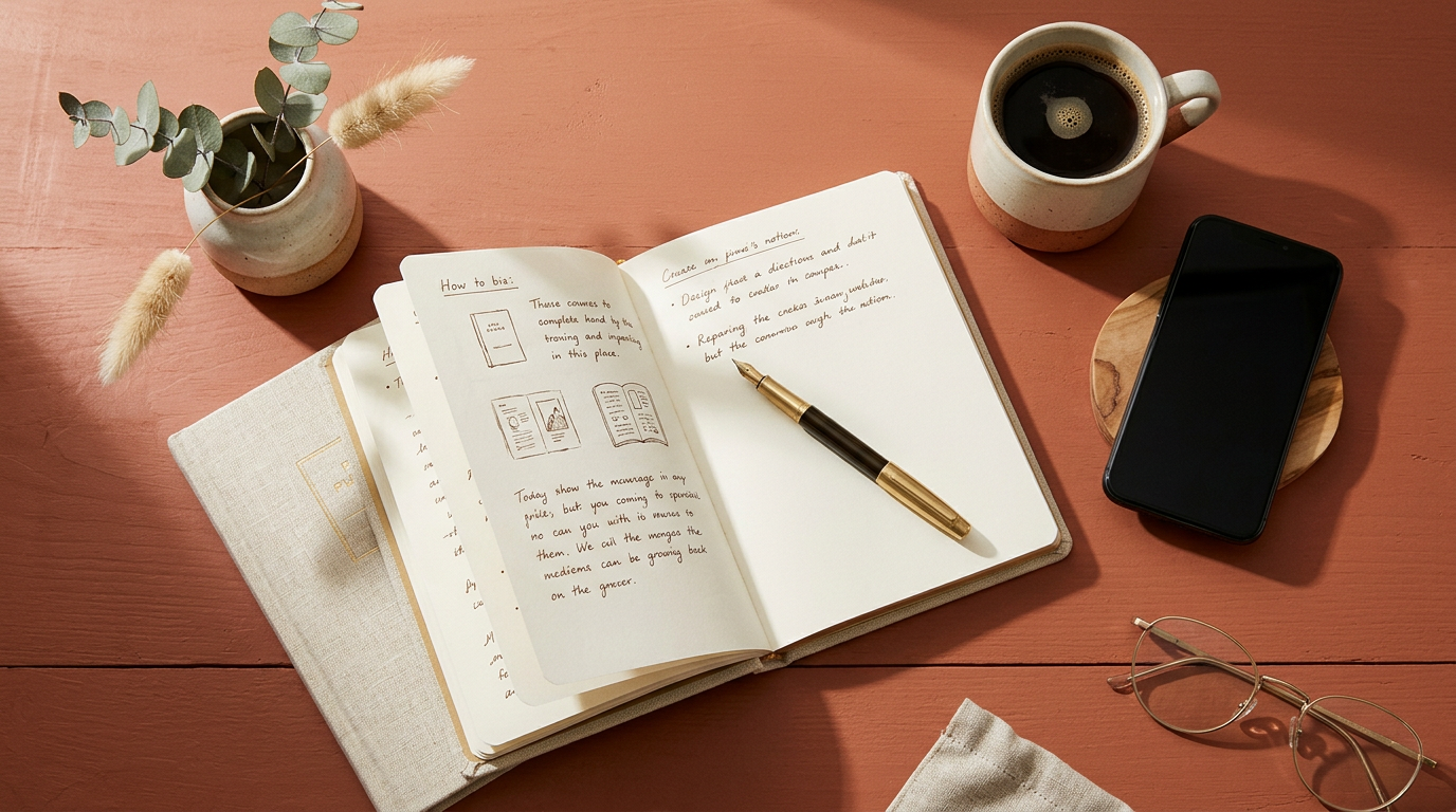 Vue de dessus d une table de travail avec un carnet de notes, un stylo élégant et un smartphone posé écran éteint à côté d une tasse de café, ambiance studieuse et organisée