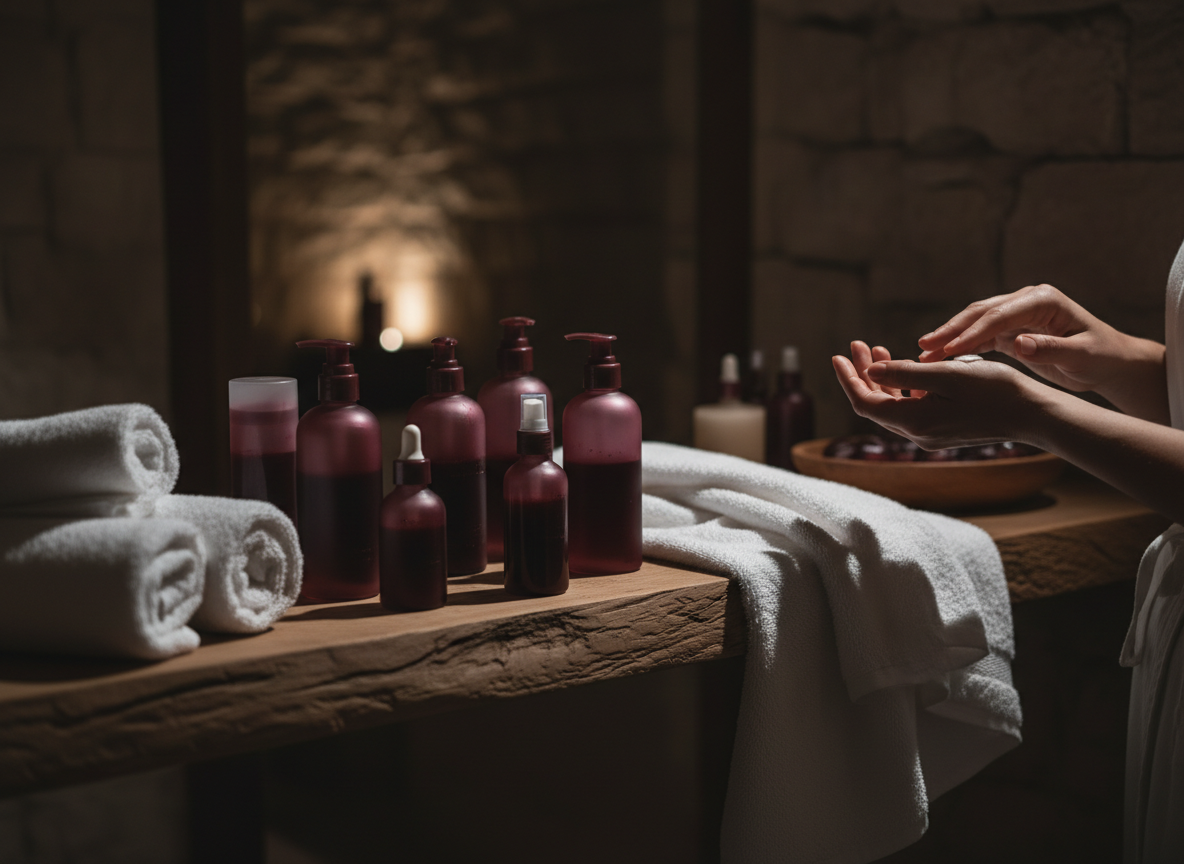 Flacons de cosmétiques et serviettes en coton sur une étagère en bois dans un spa épuré