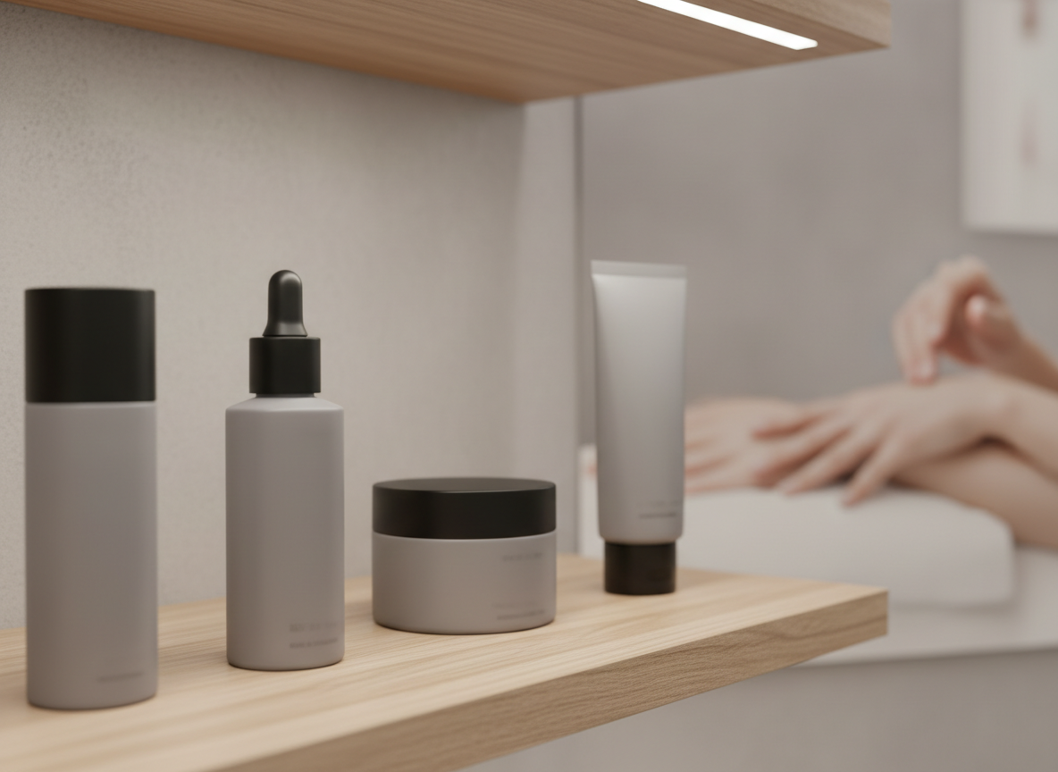 Détail de flacons de cosmétiques professionnels sur une étagère en bois d un institut