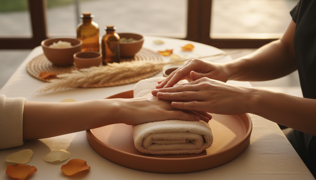 Vue de dessus de mains de cliente se reposant sur une serviette douce et propre pendant un soin des mains dans un spa, ambiance sereine