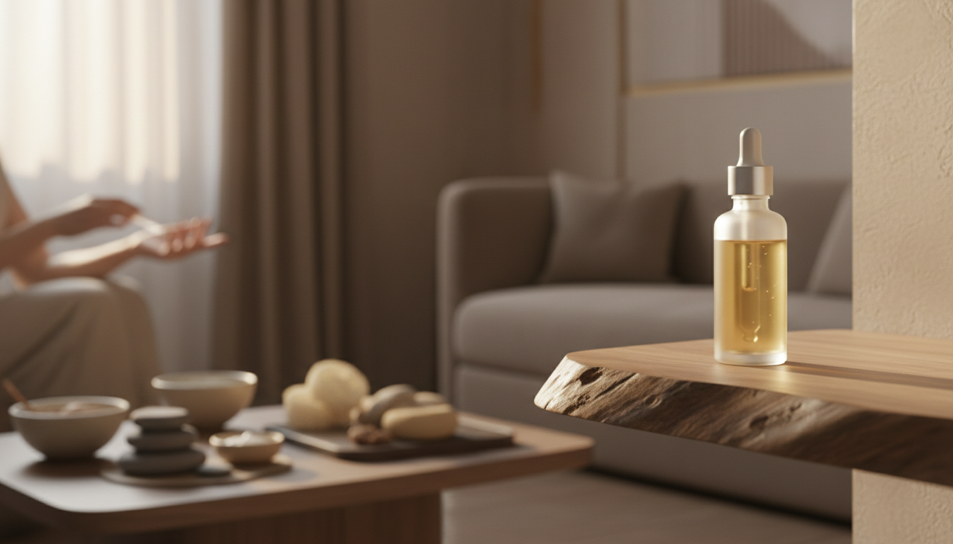 Flacon de sérum posé sur une tablette en bois dans un institut de beauté lumineux