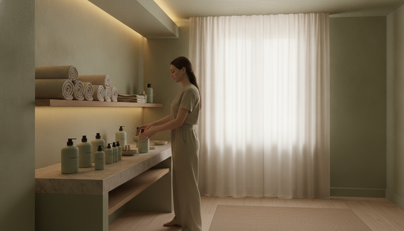 Une professionnelle de beaute prepare une cabine de soin avec des serviettes propres