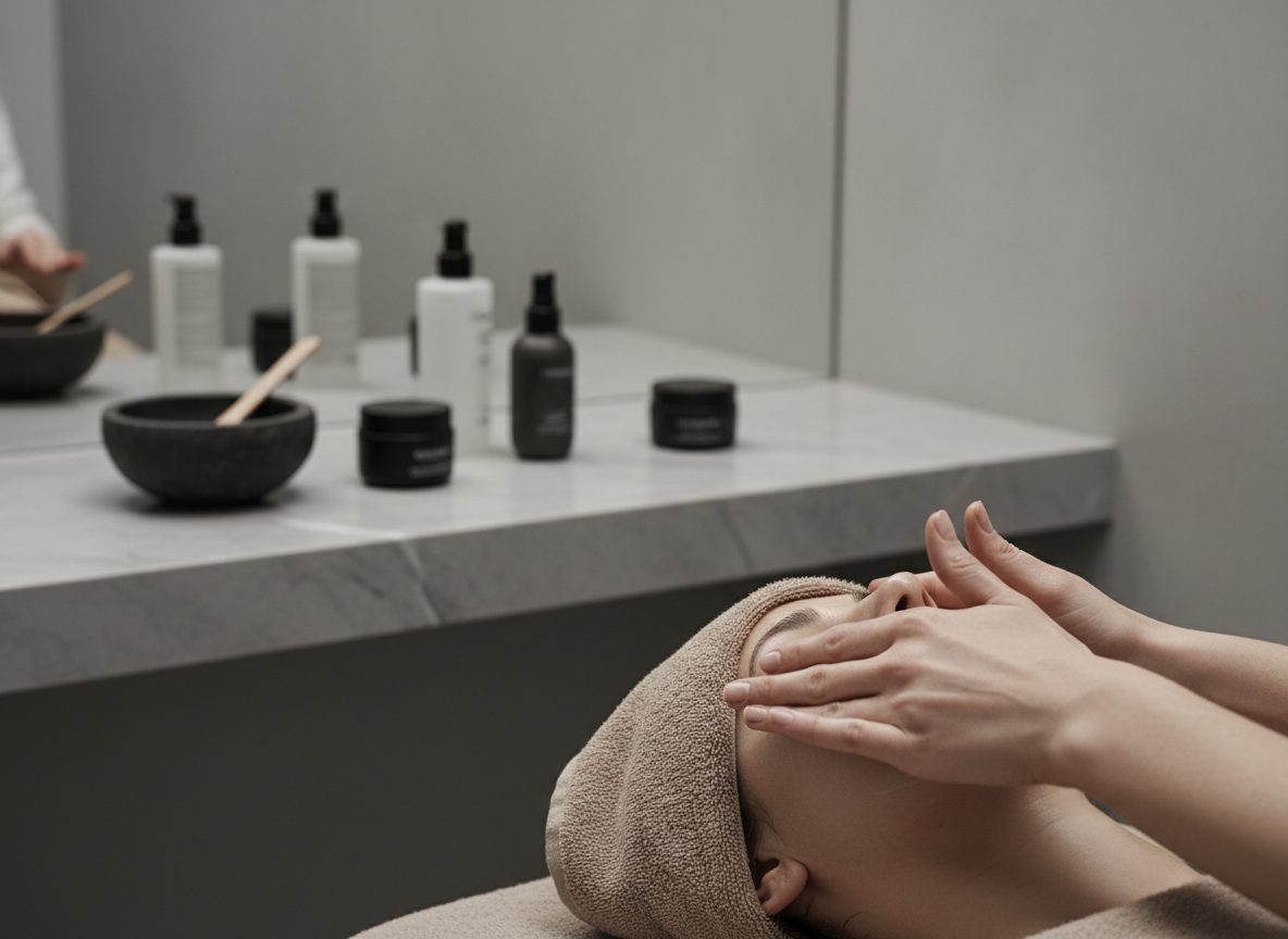 Soin du visage relaxant realise par une professionnelle de beaute dans un institut epure