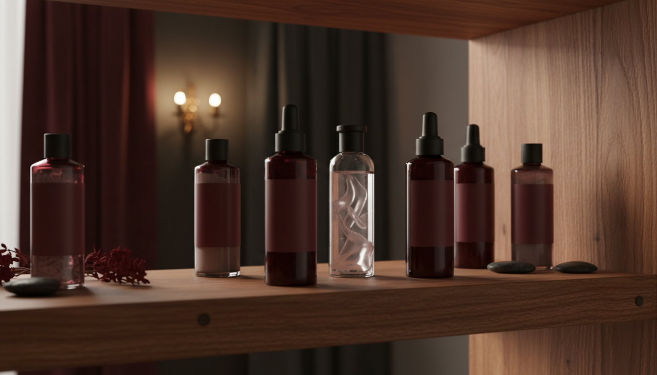 Flacons de produits de soin en verre sur une etagere en bois