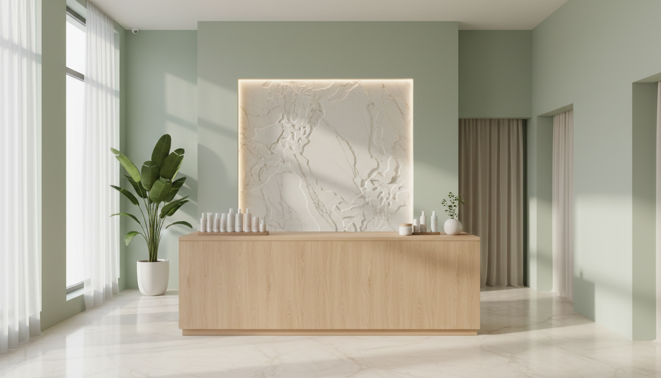 Photographie de l intérieur d un salon de beauté moderne et épuré. Un comptoir d accueil en bois clair, avec une simple plante et des produits cosmétiques bien alignés. Personne n est visible.