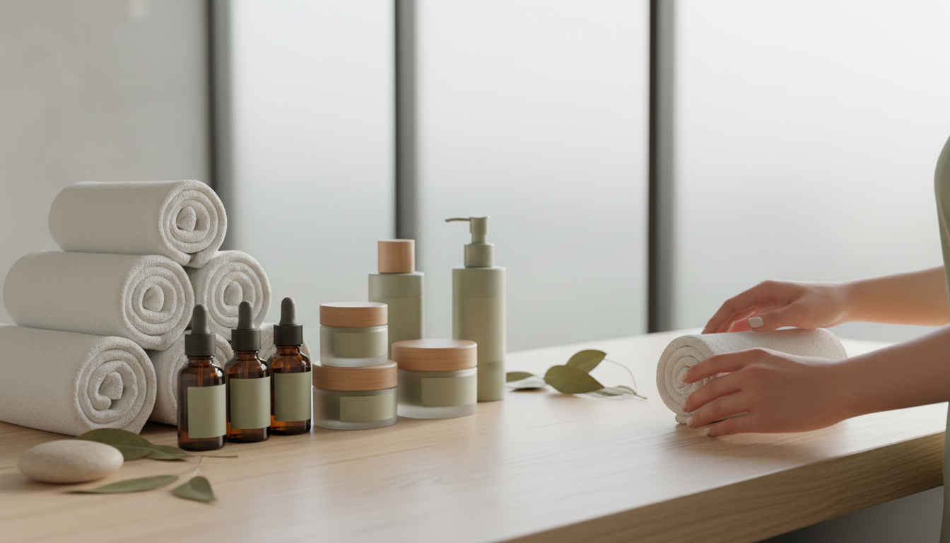 Detail d une reception de spa avec des serviettes enroulees et des flacons de cosmétiques